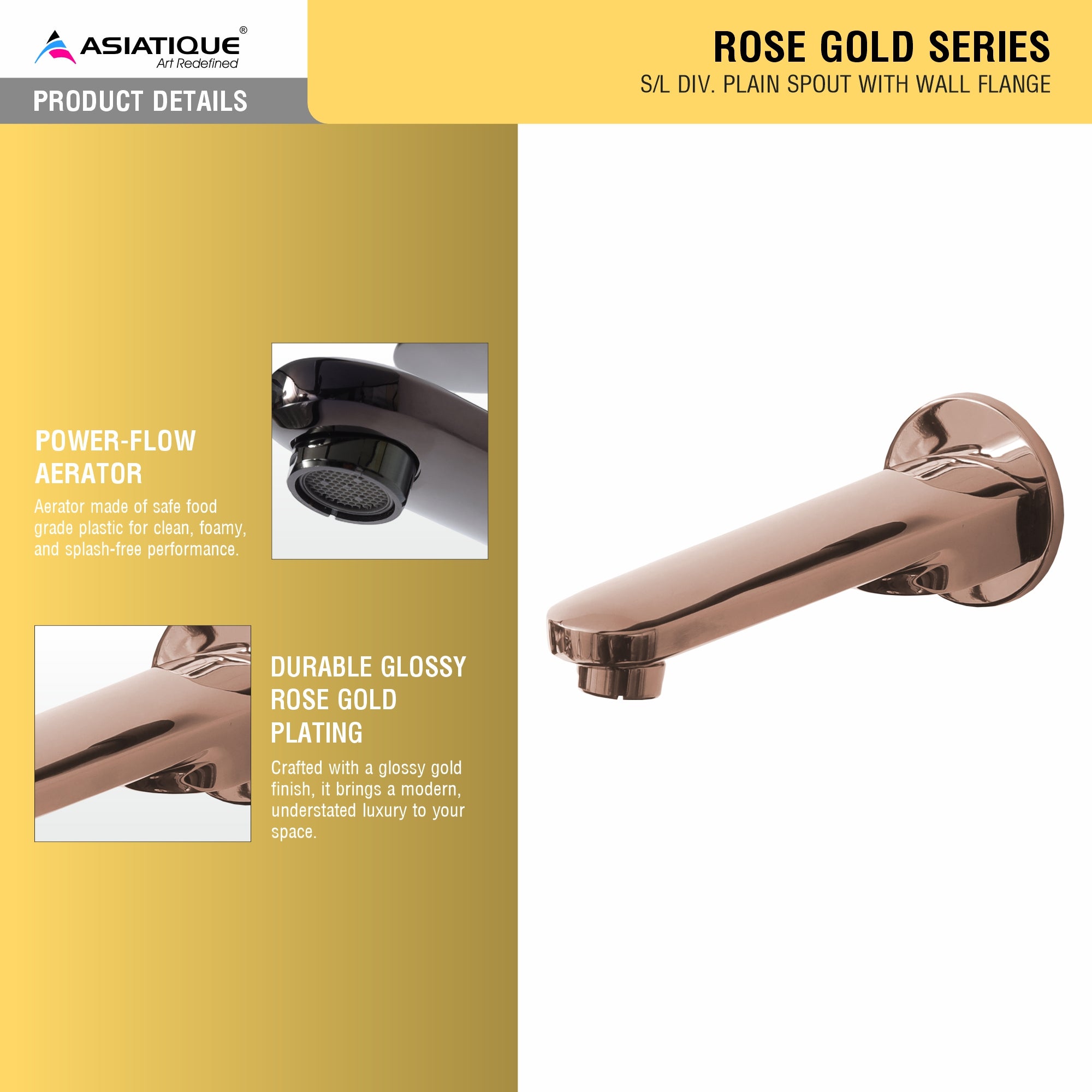 Asiatique S/L Div. Plain Spout With Wall Flange (ORG-025) | Premium Brass Rose Gold Bathroom Faucets Series
