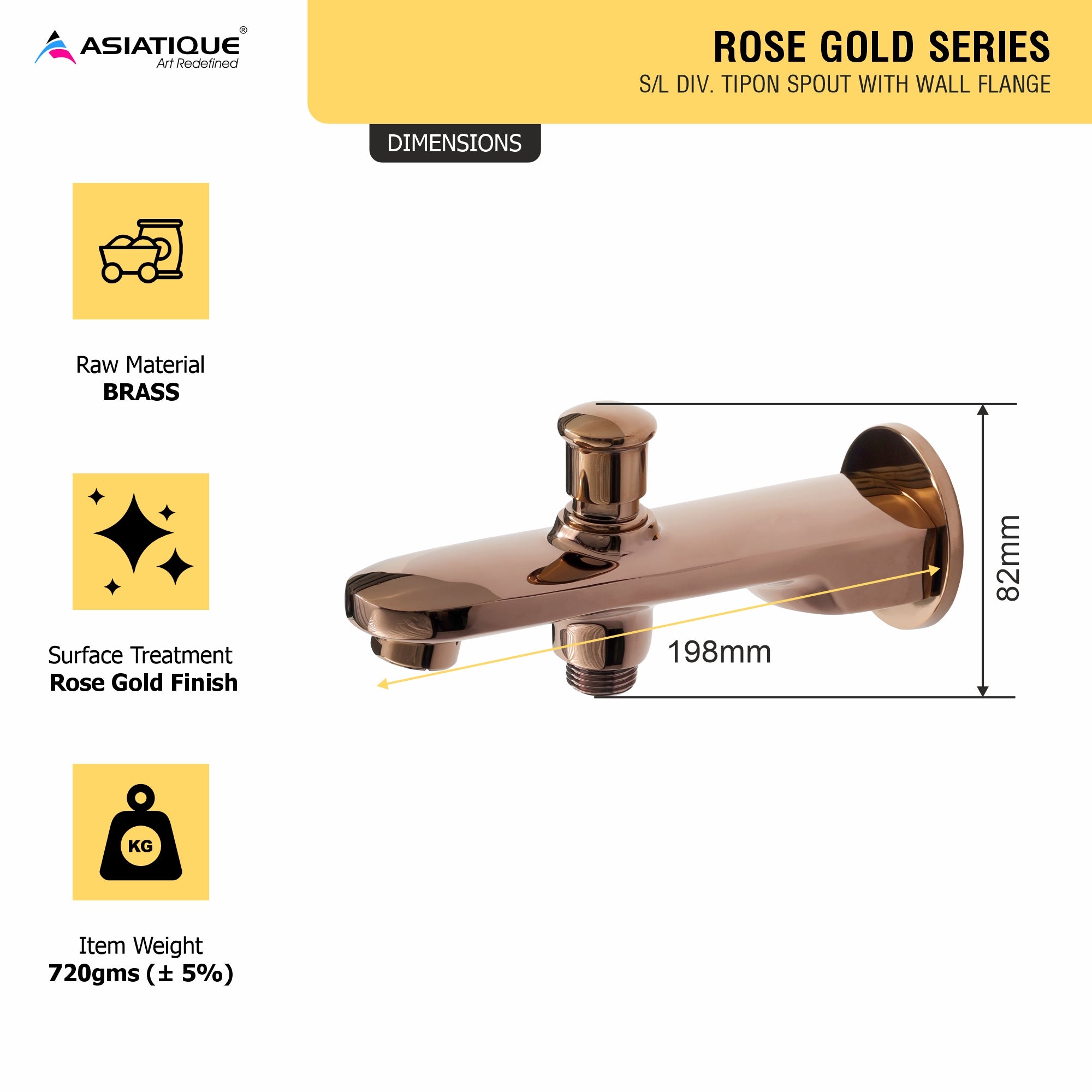 Asiatique S/L Div. Tipon Spout With Wall Flange (ORG-026) | Premium Brass Rose Gold Bathroom Faucets Series