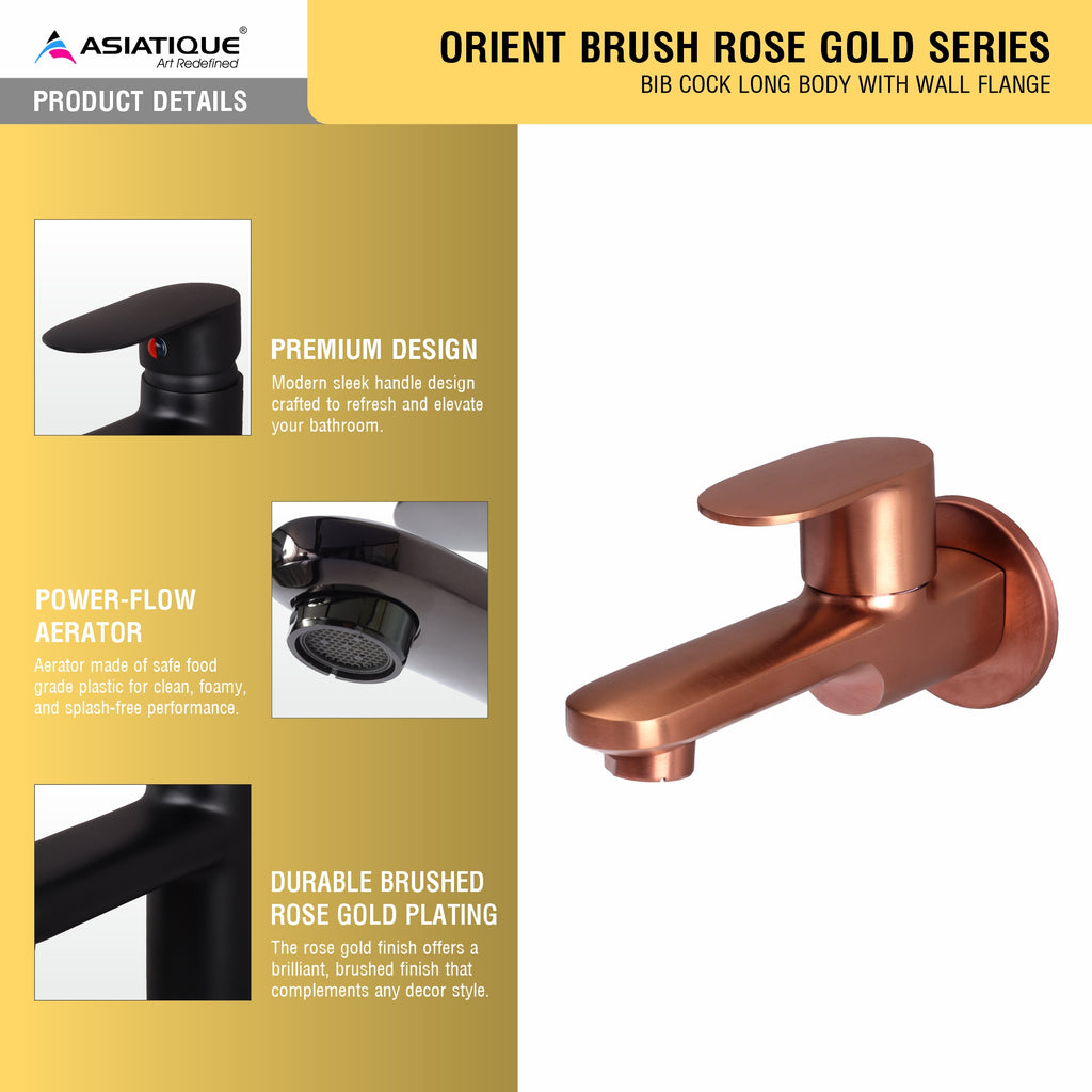 Asiatique Bib Cock Long Body With Wall Flange - (ORG-004 M) | Orient Brush Rose Gold Series Faucet (Tap)