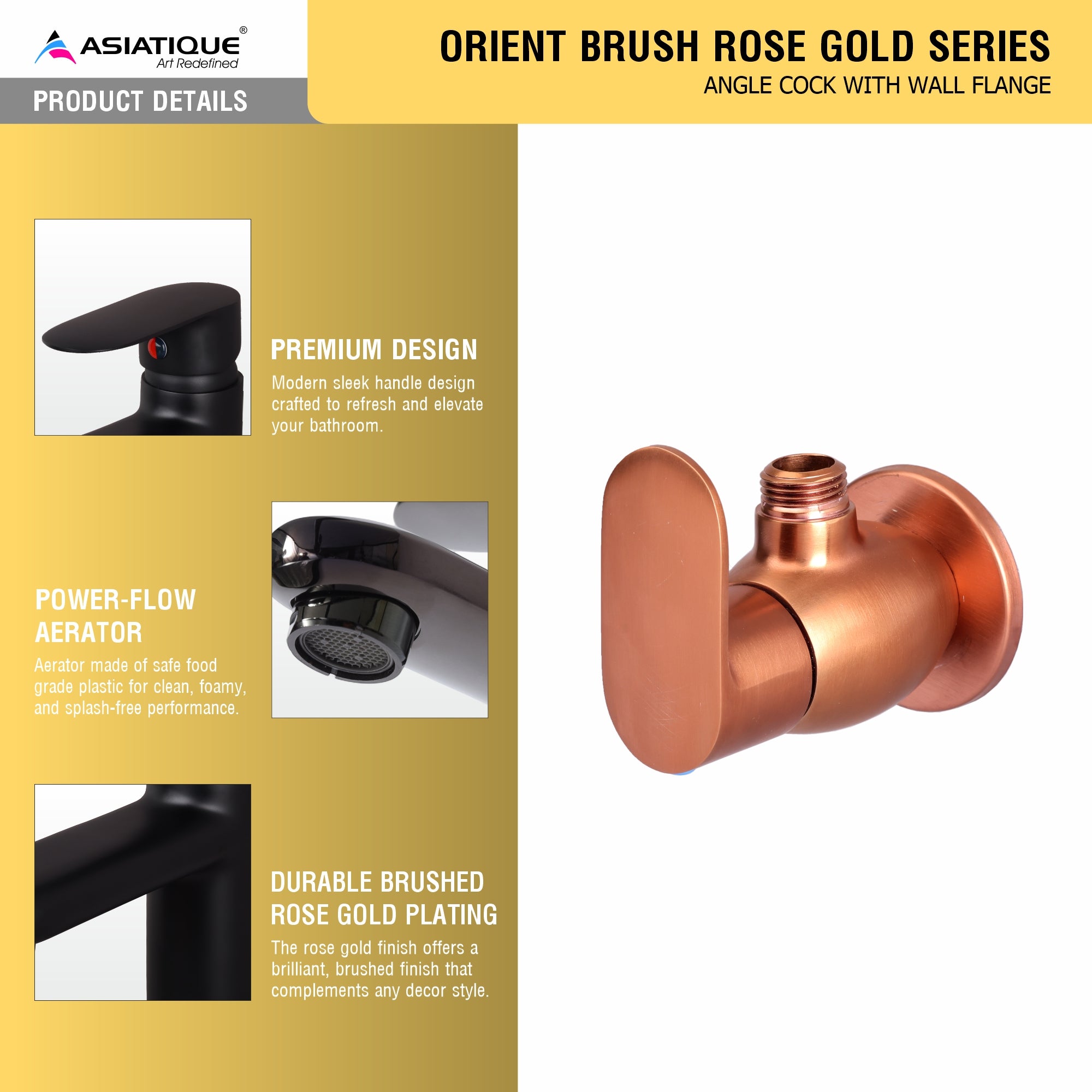 Asiatique Angle Cock With Wall Flange - (ORG-005 M) | Orient Brush Rose Gold Series Faucet (Tap)