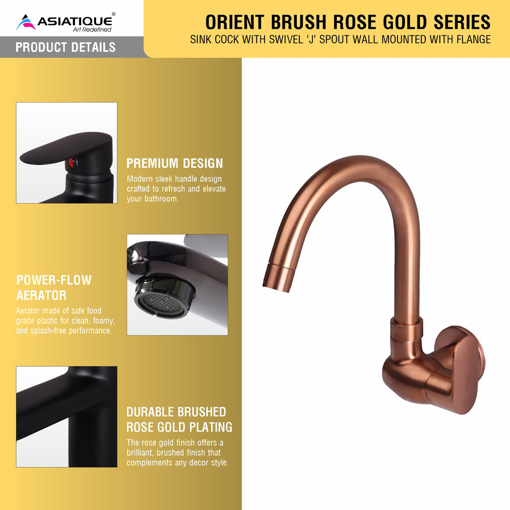 Asiatique Sink Cock With Swivel ‘J’ Spout Wall Mounted With Flange - (ORG-008 M) | Orient Brush Rose Gold Series Faucet (Tap)