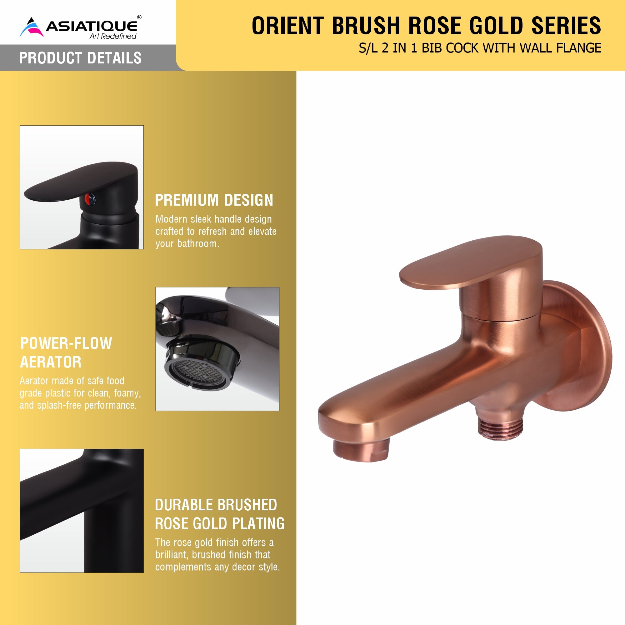 Asiatique S/L 2 in 1 Bib Cock With Wall Flange - (ORG-015 S/L M) | Orient Brush Rose Gold Series Faucet (Tap)