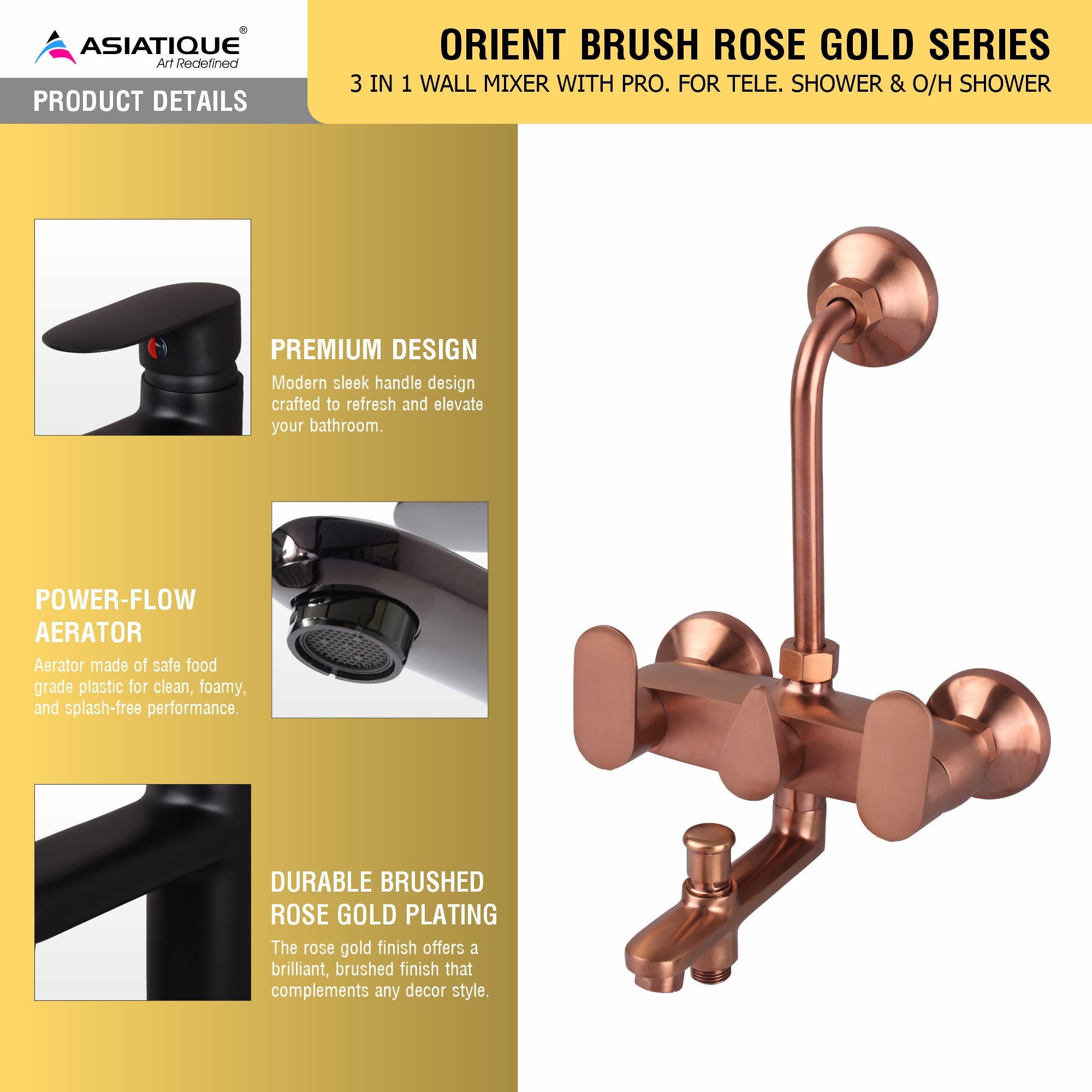 Asiatique 3 in 1 Wall Mixer With Pro. For Tele. Shower & O/H Shower - (ORG-018 M) | Orient Brush Rose Gold Series Faucet (Tap)