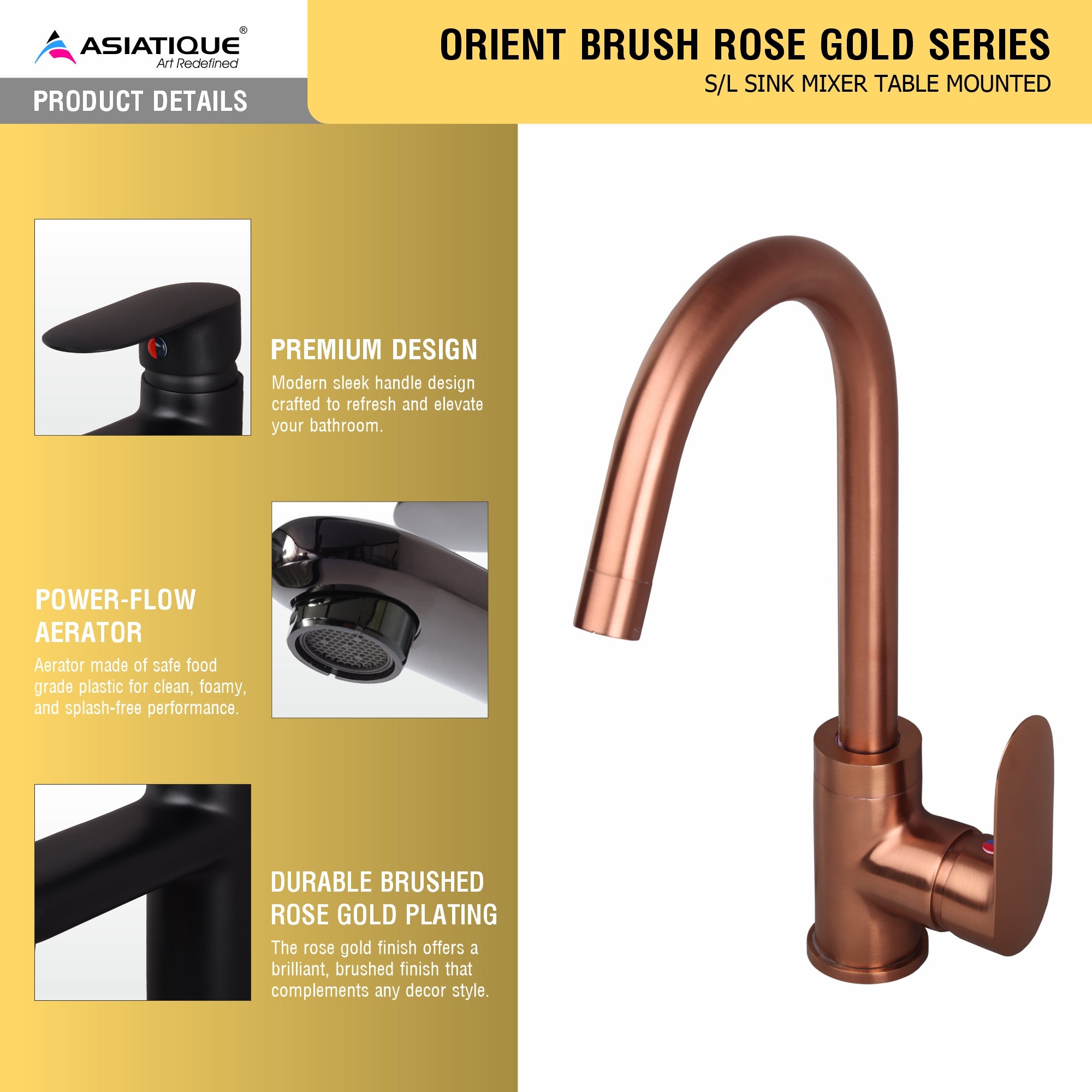 Asiatique S/L Sink Mixer Table Mounted - (ORG-027 M) | Orient Brush Rose Gold Series Faucet (Tap)