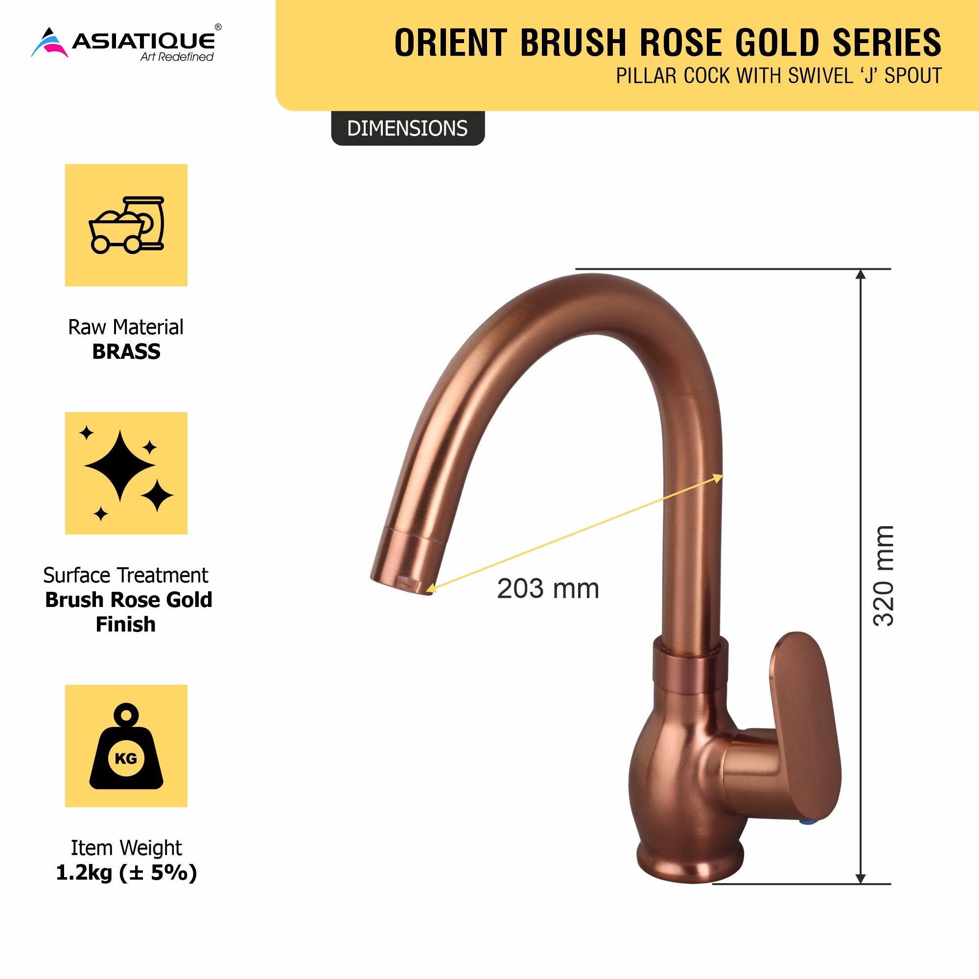 Asiatique Pillar Cock With Swivel ‘J’ Spout - (ORG-002 M) | Orient Brush Rose Gold Series Faucet (Tap)
