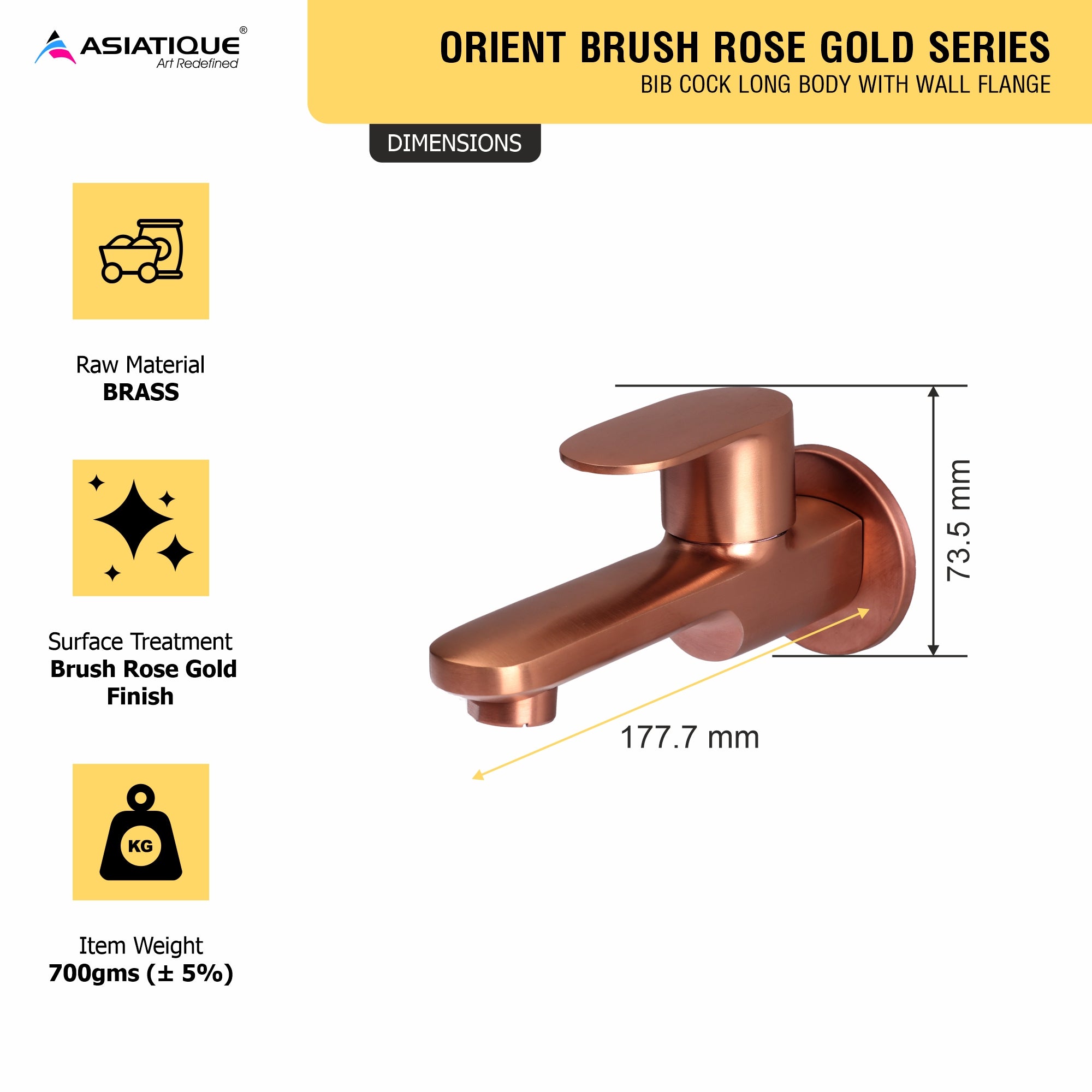 Asiatique Bib Cock Long Body With Wall Flange - (ORG-004 M) | Orient Brush Rose Gold Series Faucet (Tap)