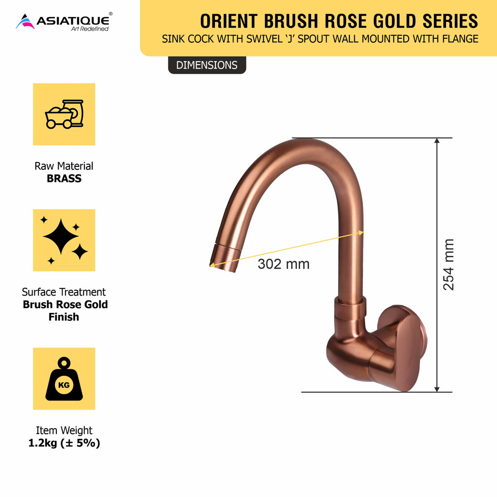 Asiatique Sink Cock With Swivel ‘J’ Spout Wall Mounted With Flange - (ORG-008 M) | Orient Brush Rose Gold Series Faucet (Tap)