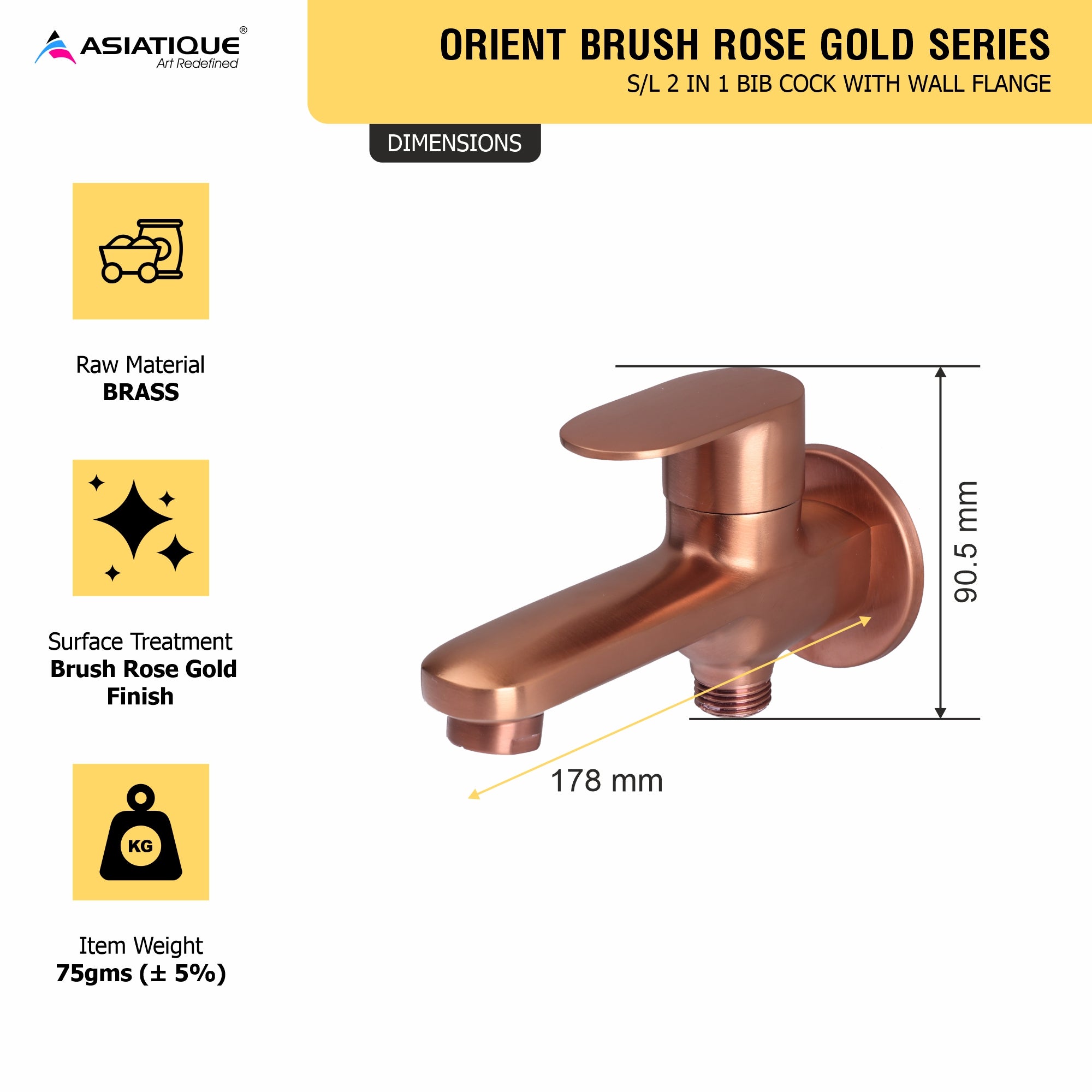 Asiatique S/L 2 in 1 Bib Cock With Wall Flange - (ORG-015 S/L M) | Orient Brush Rose Gold Series Faucet (Tap)
