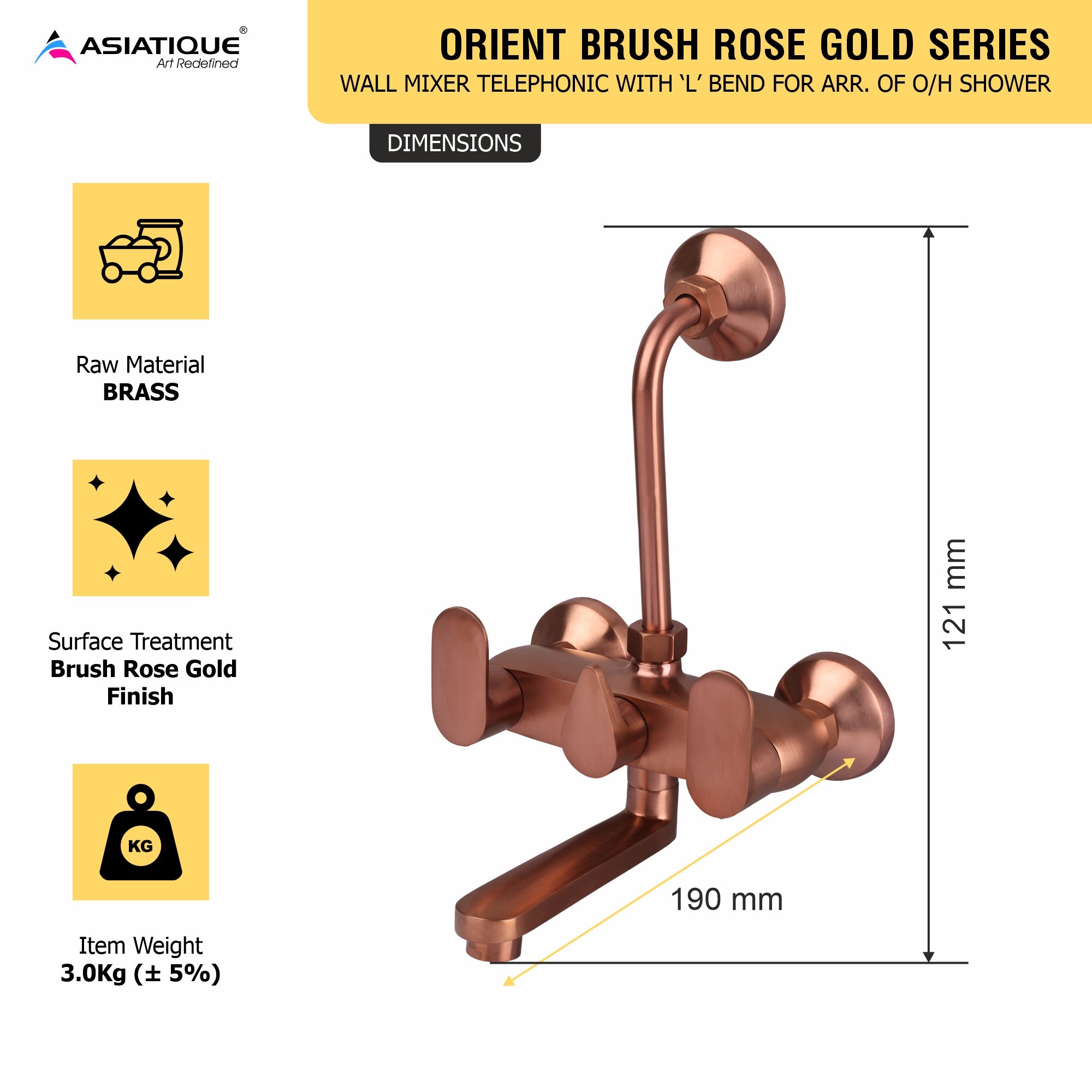 Asiatique Wall Mixer Telephonic With ‘L’ Bend for ARR. Of O/H Shower - (ORG-017 M) | Orient Brush Rose Gold Series Faucet (Tap)