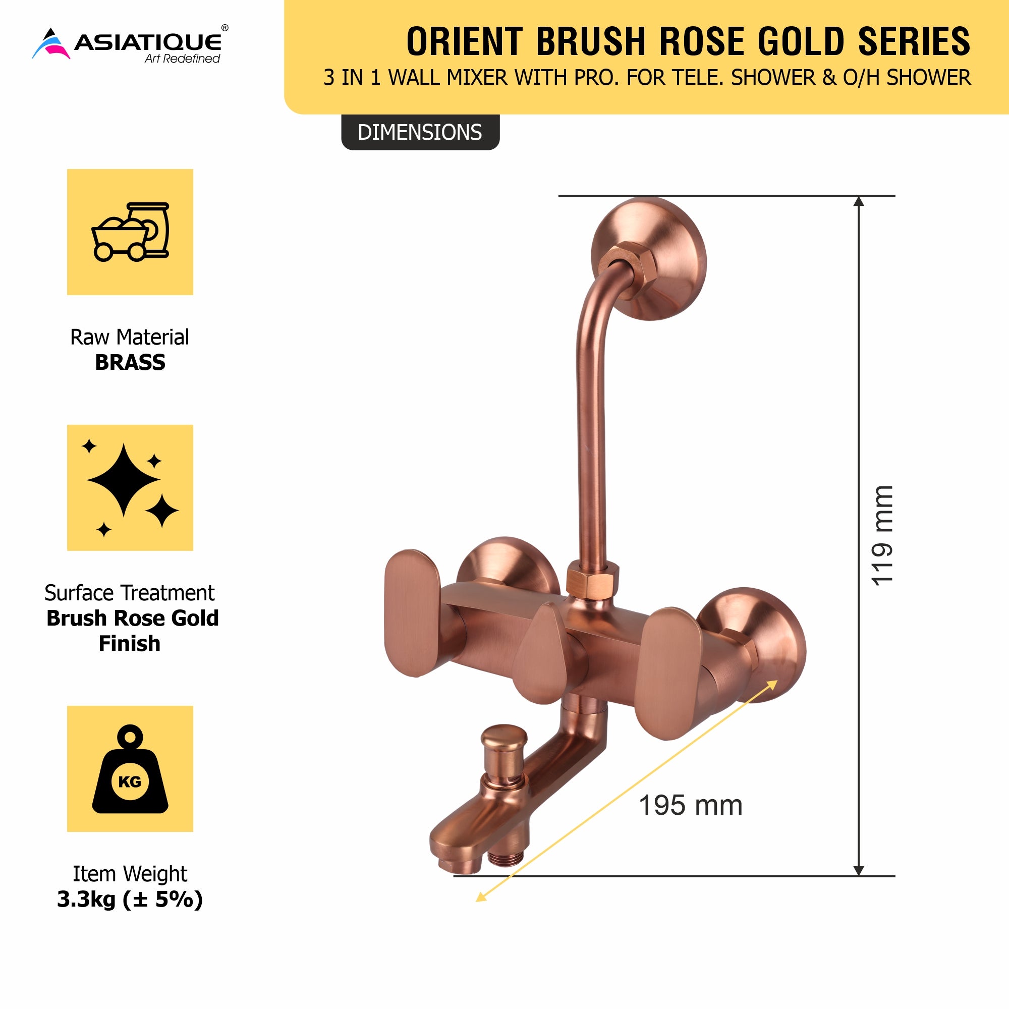 Asiatique 3 in 1 Wall Mixer With Pro. For Tele. Shower & O/H Shower - (ORG-018 M) | Orient Brush Rose Gold Series Faucet (Tap)