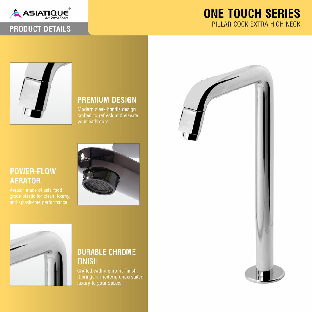 Asiatique Pillar Cock Extra High Neck (OT-000EX) | One Touch Series | Premium Bathroom Faucets & Bib Cocks | Chrome Finish