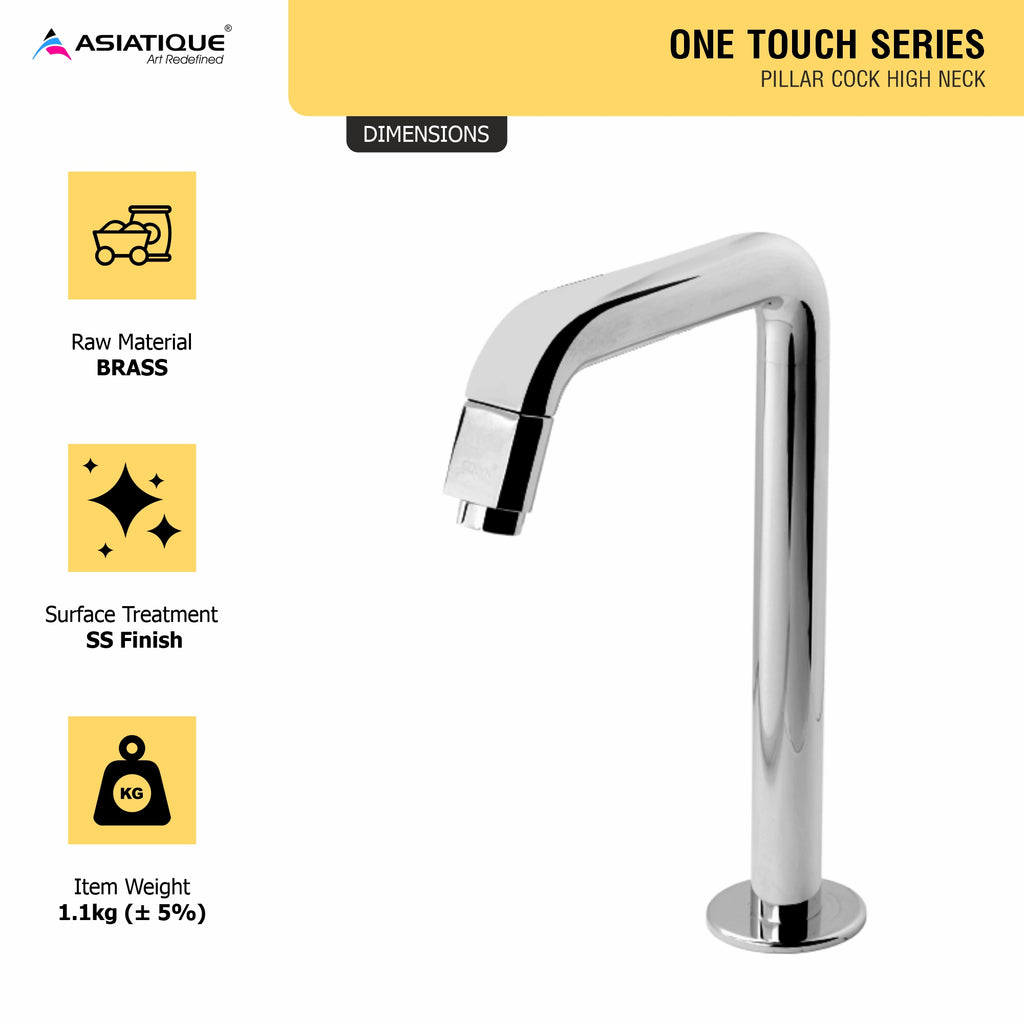 Asiatique Pillar Cock High Neck (OT-000HN) | One Touch Series | Premium Bathroom Faucets & Bib Cocks | Chrome Finish