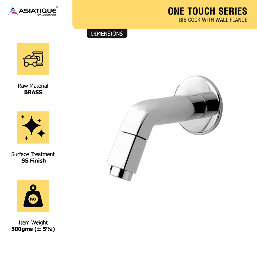 Asiatique Bib Cock With Wall Flange (OT-003) | One Touch Series | Premium Bathroom Faucets & Bib Cocks | Chrome Finish