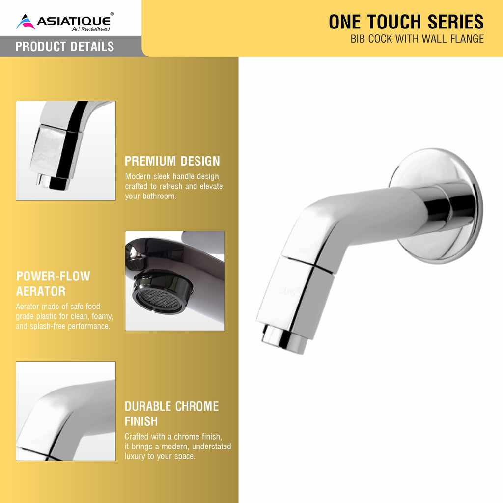 Asiatique Bib Cock With Wall Flange (OT-003) | One Touch Series | Premium Bathroom Faucets & Bib Cocks | Chrome Finish