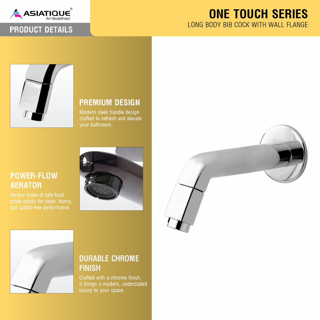Asiatique Long Body Bib Cock With Wall Flange (OT-004) | One Touch Series | Premium Bathroom Faucets & Bib Cocks | Chrome Finish