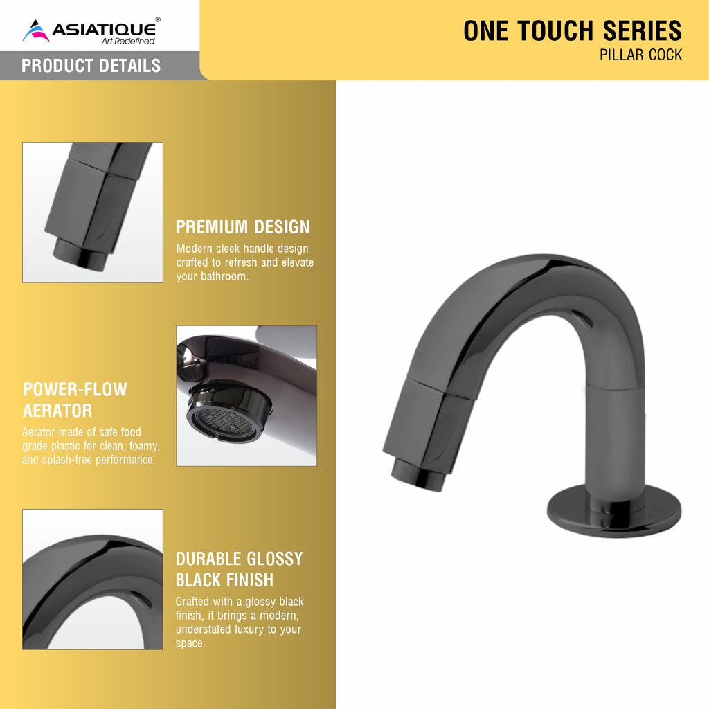 Asiatique Pillar Cock (OTB-000) | One Touch Series | Premium Bathroom Faucets & Bib Cocks | Black Finish