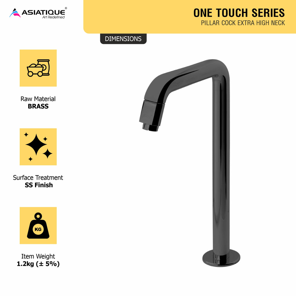 Asiatique Pillar Cock Extra High Neck (OTB-000EX) | One Touch Series | Premium Bathroom Faucets & Bib Cocks | Black Finish