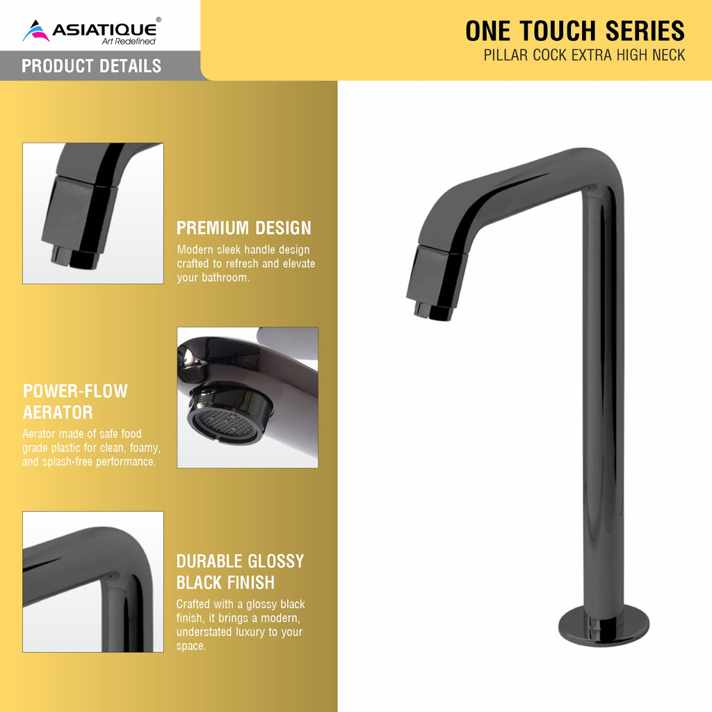 Asiatique Pillar Cock Extra High Neck (OTB-000EX) | One Touch Series | Premium Bathroom Faucets & Bib Cocks | Black Finish