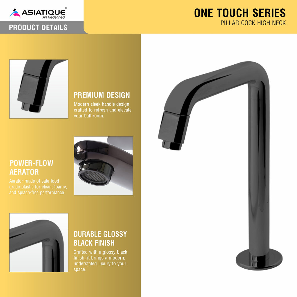Asiatique Pillar Cock High Neck (OTB-000HN) | One Touch Series | Premium Bathroom Faucets & Bib Cocks | Black Finish
