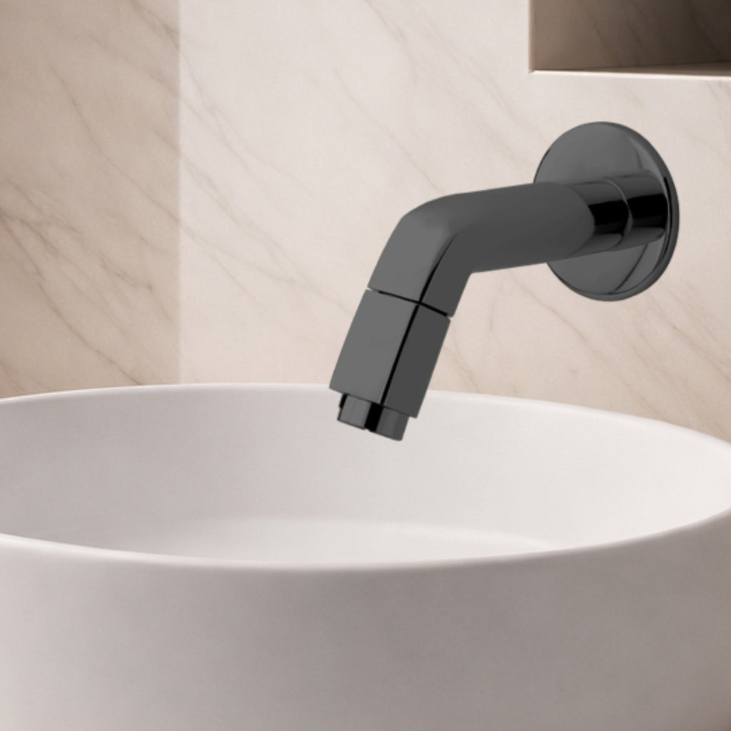 Asiatique Bib Cock With Wall Flange (OTB-003) | One Touch Series | Premium Bathroom Faucets & Bib Cocks | Black Finish