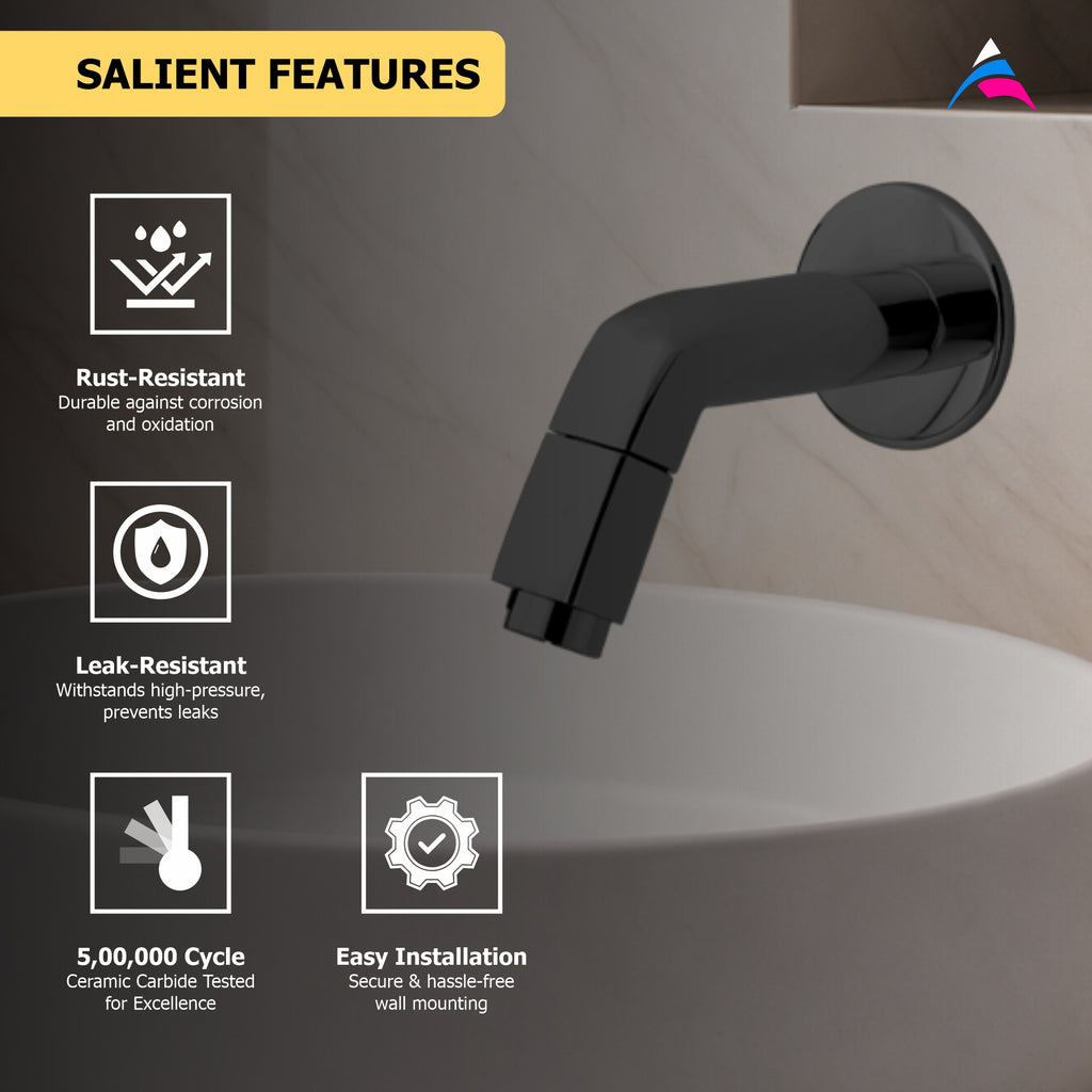 Asiatique Bib Cock With Wall Flange (OTB-003) | One Touch Series | Premium Bathroom Faucets & Bib Cocks | Black Finish