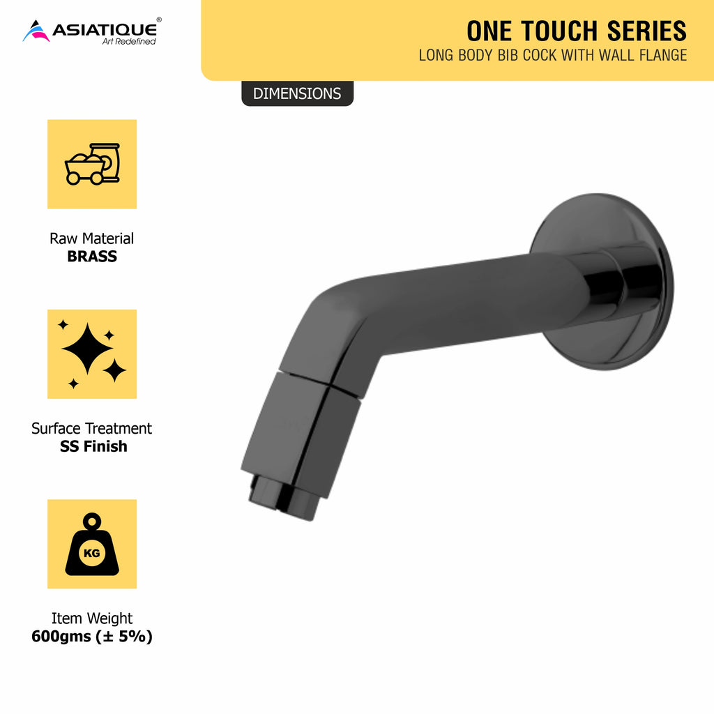 Asiatique Long Body Bib Cock With Wall Flange (OTB-004) | One Touch Series | Premium Bathroom Faucets & Bib Cocks | Black Finish