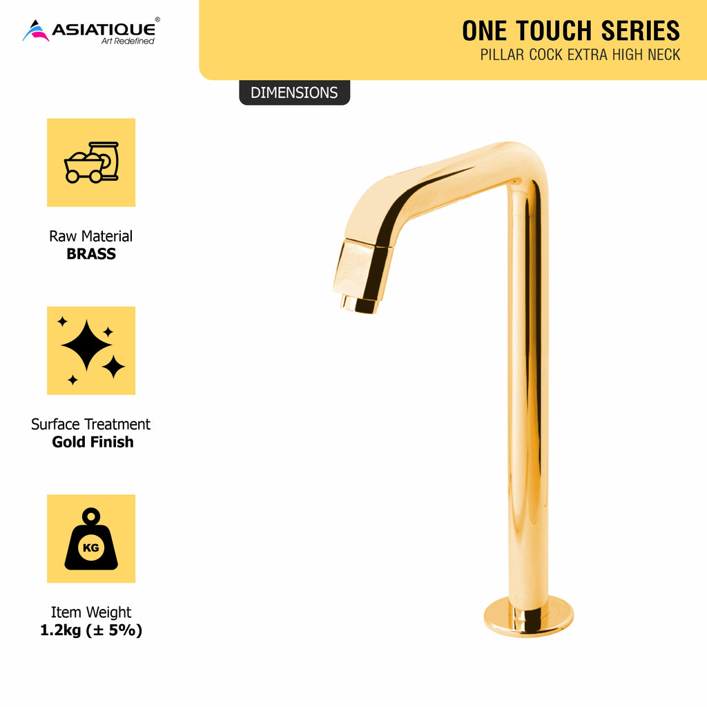 Asiatique Pillar Cock Extra High Neck (OTG-000EX) | One Touch Series | Premium Bathroom Faucets & Bib Cocks | Gold Finish