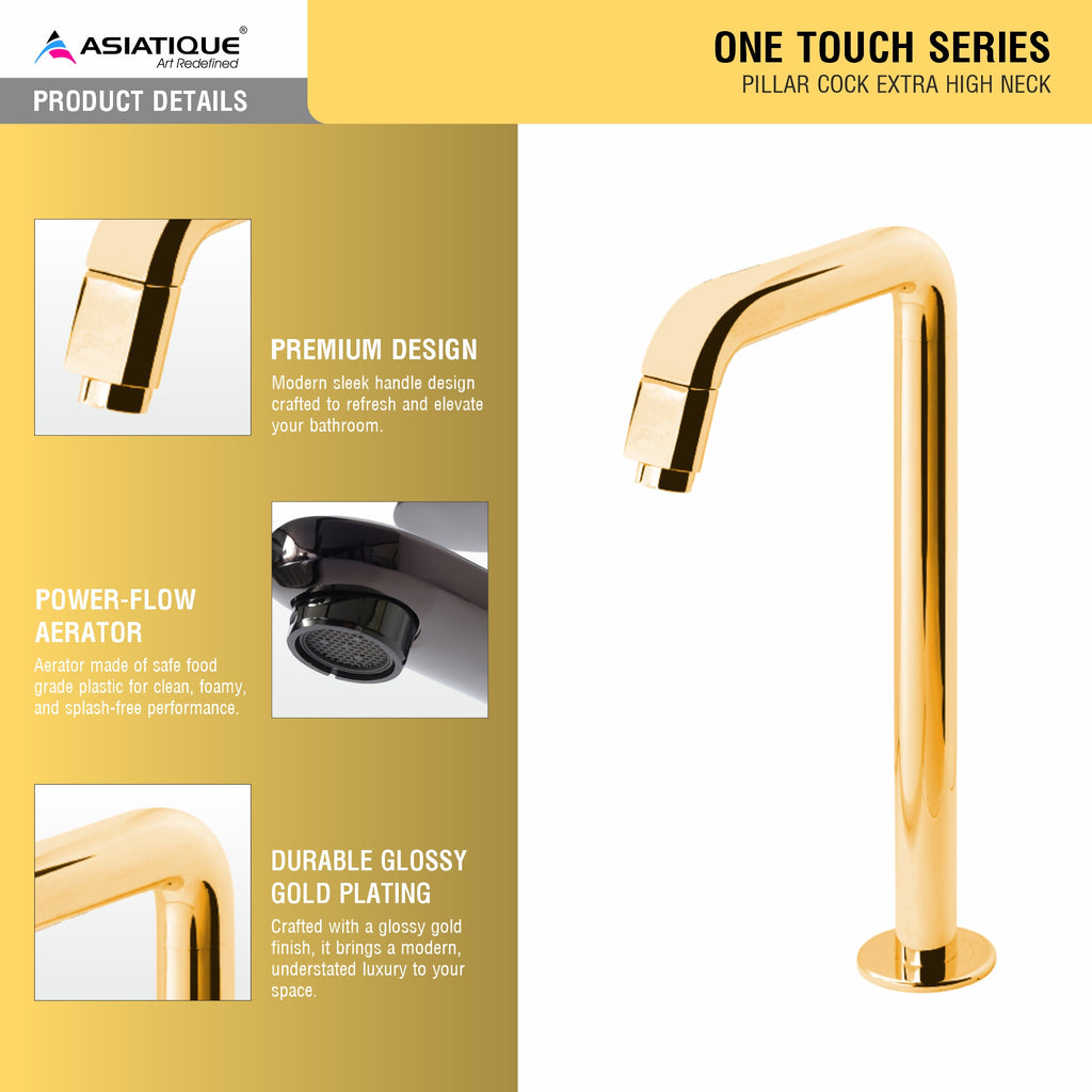 Asiatique Pillar Cock Extra High Neck (OTG-000EX) | One Touch Series | Premium Bathroom Faucets & Bib Cocks | Gold Finish