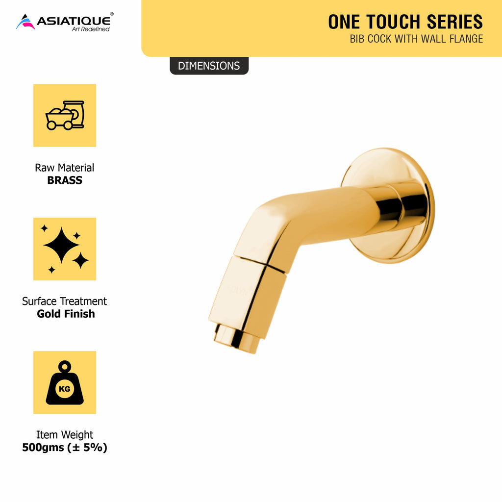 Asiatique Bib Cock With Wall Flange (OTG-003) | One Touch Series | Premium Bathroom Faucets & Bib Cocks | Gold Finish