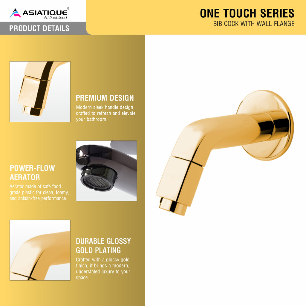 Asiatique Bib Cock With Wall Flange (OTG-003) | One Touch Series | Premium Bathroom Faucets & Bib Cocks | Gold Finish