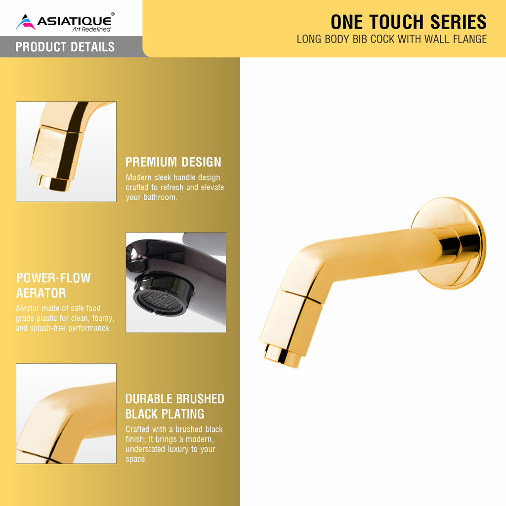 Asiatique Long Body Bib Cock With Wall Flange (OTG-004) | One Touch Series | Premium Bathroom Faucets & Bib Cocks | Gold Finish