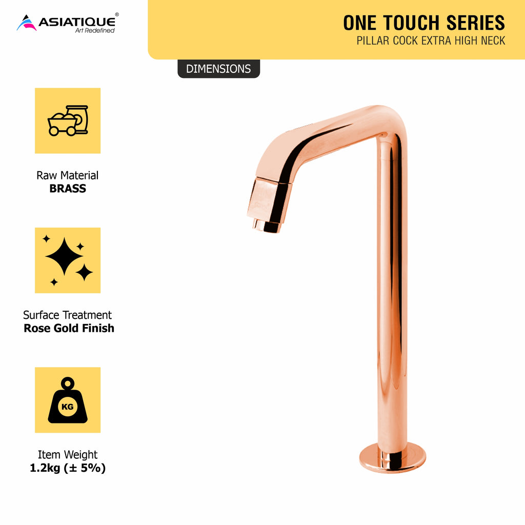 Asiatique Pillar Cock Extra High Neck (OTRG-000EX) | One Touch Series | Premium Bathroom Faucets & Bib Cocks | Rose Gold Finish