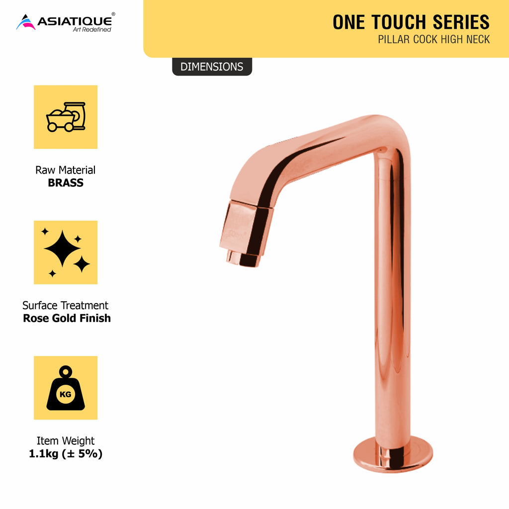 Asiatique Pillar Cock High Neck (OTRG-000HN) | One Touch Series | Premium Bathroom Faucets & Bib Cocks | Rose Gold Finish