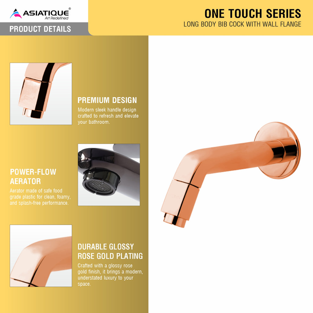 Asiatique Long Body Bib Cock With Wall Flange (OTRG-004) | One Touch Series | Premium Bathroom Faucets & Bib Cocks | Rose Gold Finish