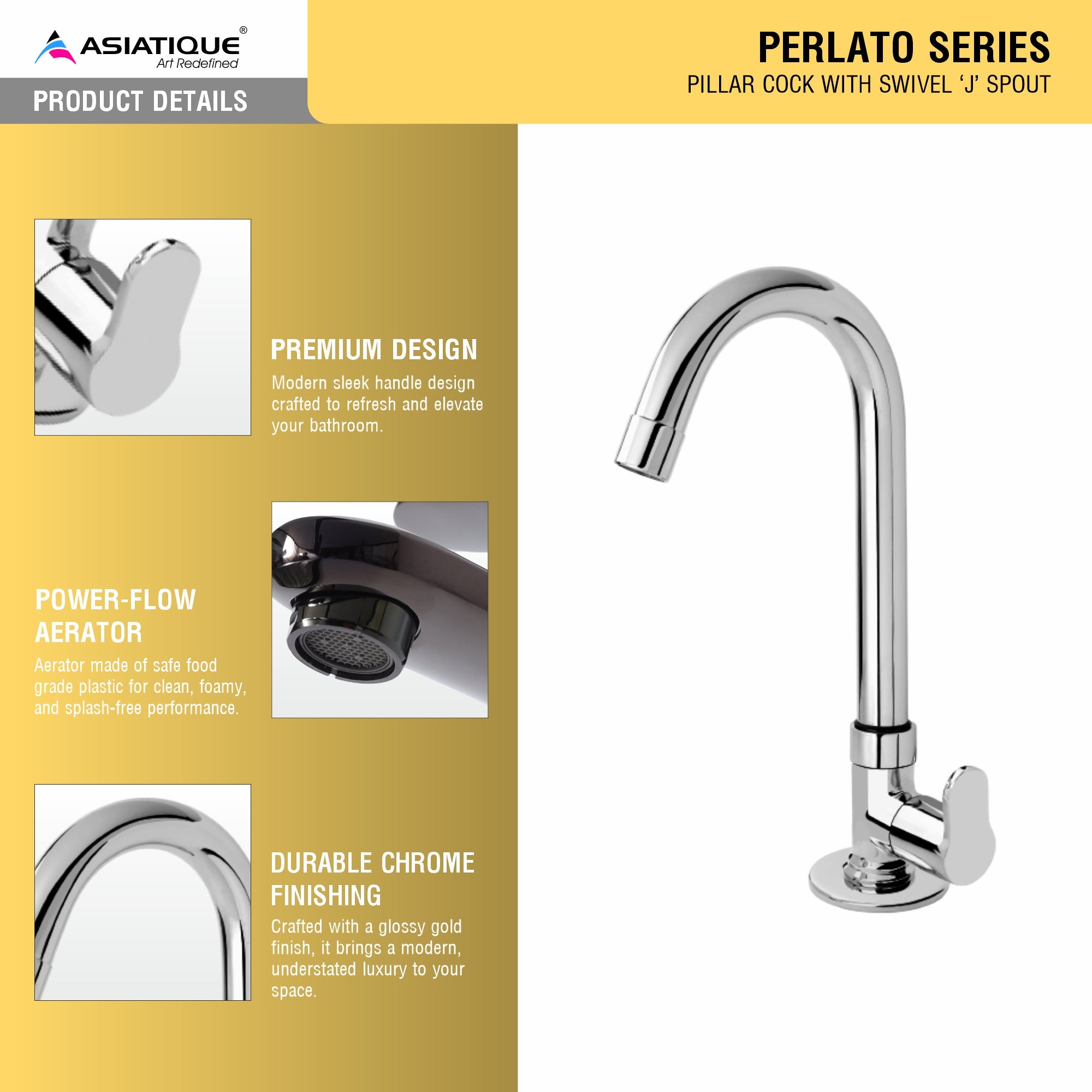 Asiatique Pillar Cock With Extended Swivel  'J' Spout  (P-002),Perlato Series Premium Faucets & Mixers