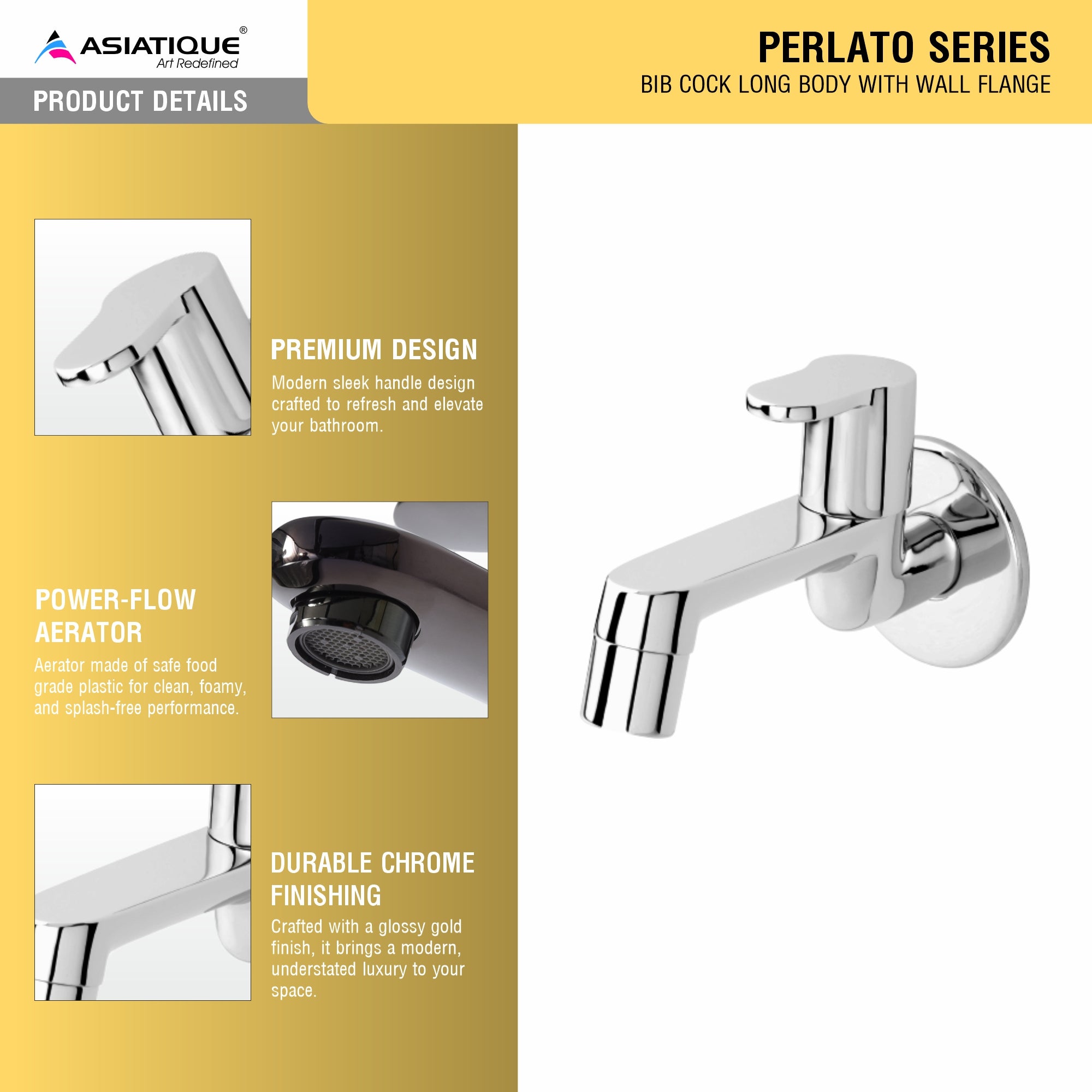Asiatique Bib Cock Long Body With Wall Flange   (P-004),Perlato Series Premium Faucets & Mixers