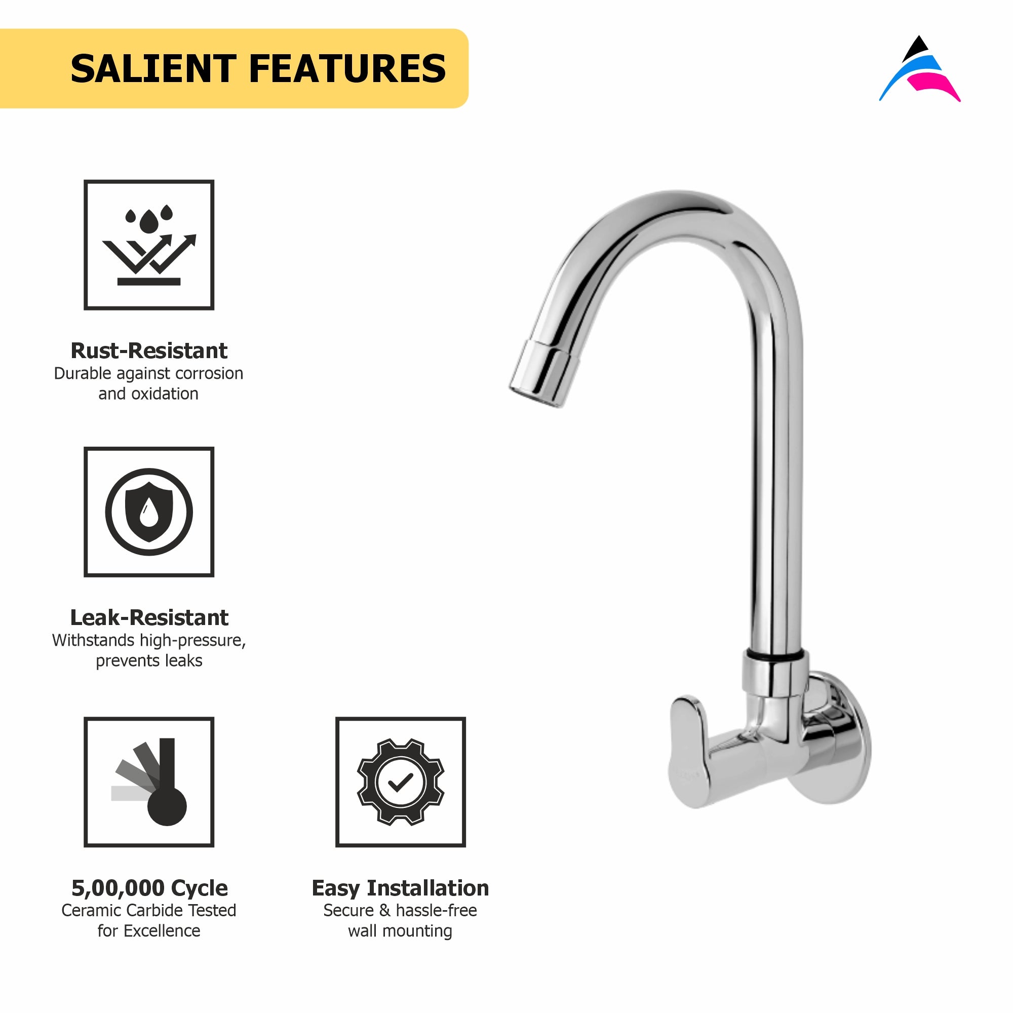 Asiatique Sink Cock with Extended Swivel 'J' Spout Wall Mounted With Flange (P-008),Perlato Series Premium Faucets & Mixers