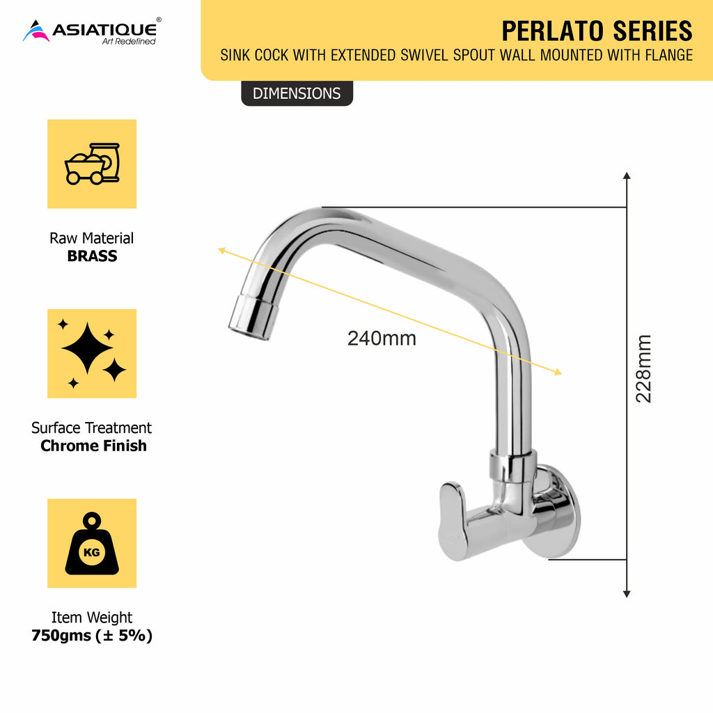 Asiatique Sink Cock with Extended Swivel Spout Wall Mounted With Flange (P-008EX),Perlato Series Premium Faucets & Mixers