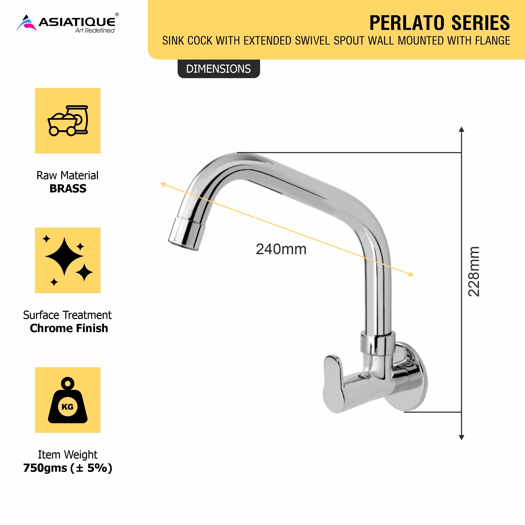 Asiatique Sink Cock with Extended Swivel Spout Wall Mounted With Flange (P-008EX),Perlato Series Premium Faucets & Mixers