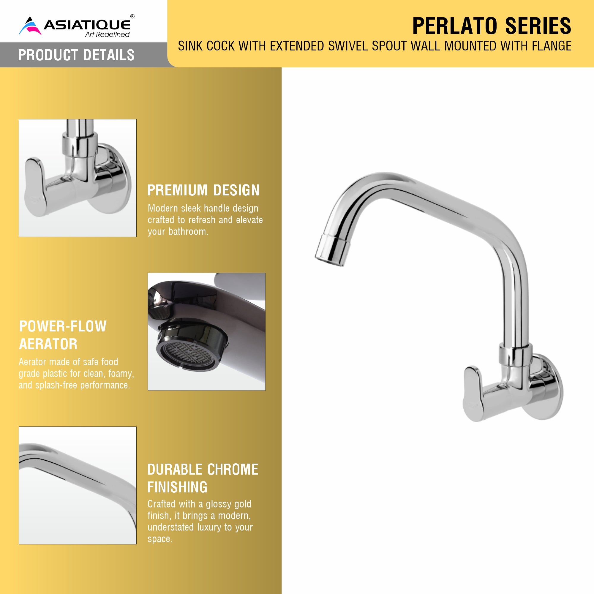 Asiatique Sink Cock with Extended Swivel Spout Wall Mounted With Flange (P-008EX),Perlato Series Premium Faucets & Mixers