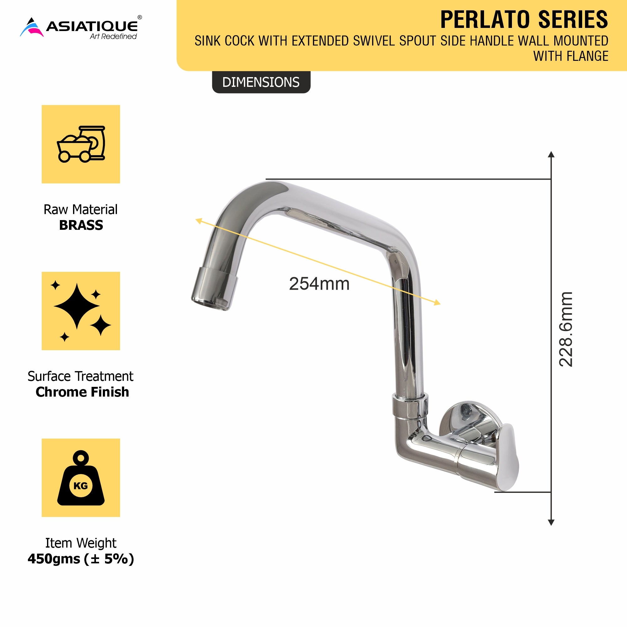 Asiatique Sink Cock with Extended Swivel Spout Side Handle Wall Mounted With Flange   (P-008EX SH),Perlato Series Premium Faucets & Mixers