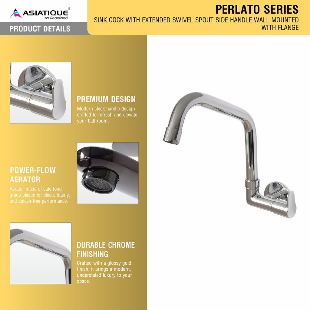 Asiatique Sink Cock with Extended Swivel Spout Side Handle Wall Mounted With Flange   (P-008EX SH),Perlato Series Premium Faucets & Mixers