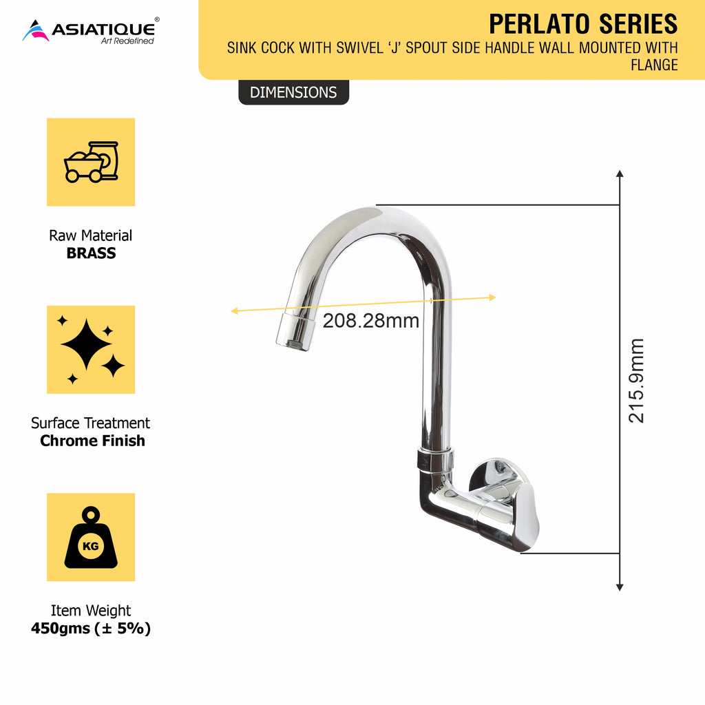 Asiatique Sink Cock with Extended Swivel 'J' Spout Side Handle Wall Mounted With Flange   (P-008SH),Perlato Series Premium Faucets & Mixers