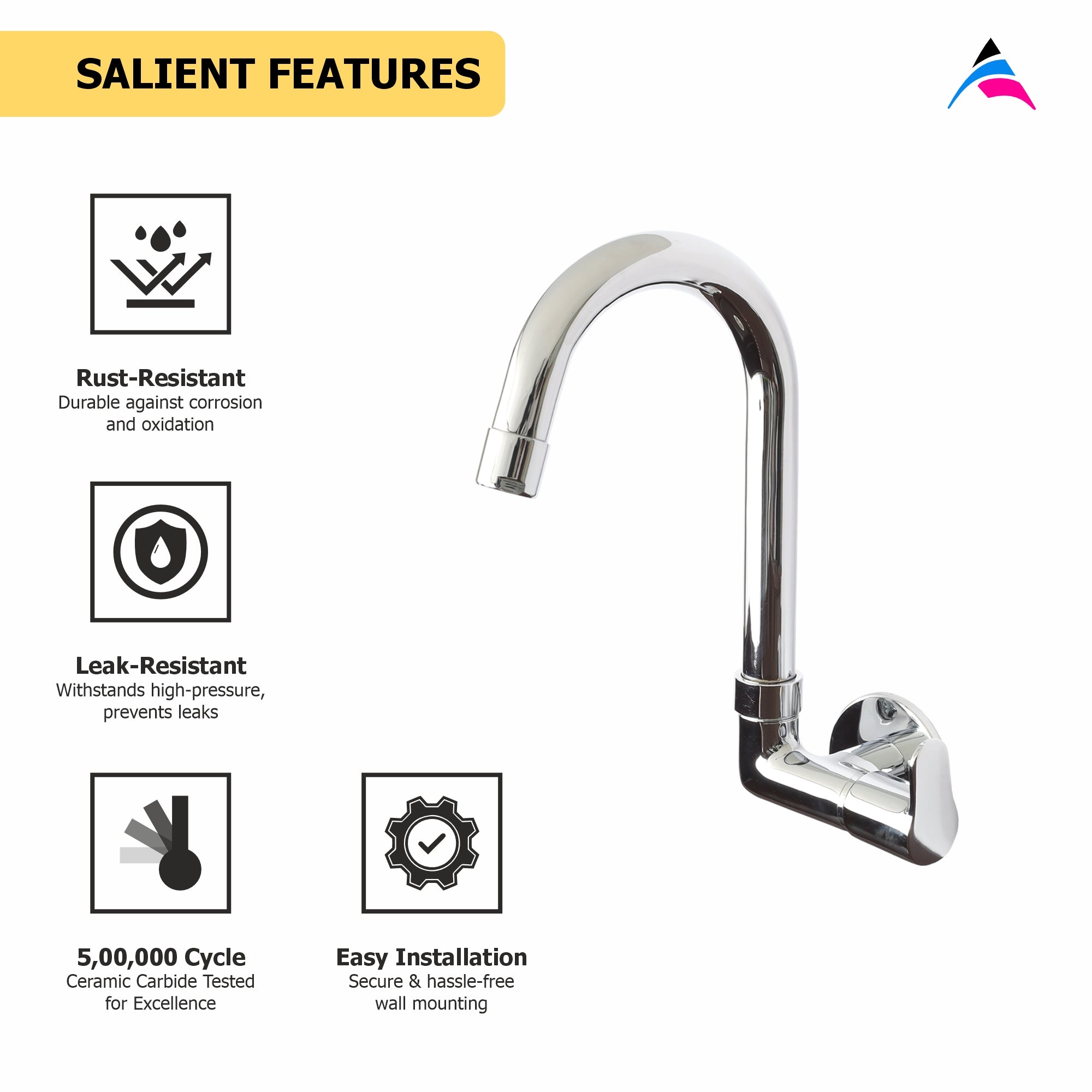 Asiatique Sink Cock with Extended Swivel 'J' Spout Side Handle Wall Mounted With Flange   (P-008SH),Perlato Series Premium Faucets & Mixers