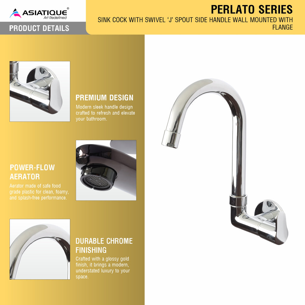 Asiatique Sink Cock with Extended Swivel 'J' Spout Side Handle Wall Mounted With Flange   (P-008SH),Perlato Series Premium Faucets & Mixers