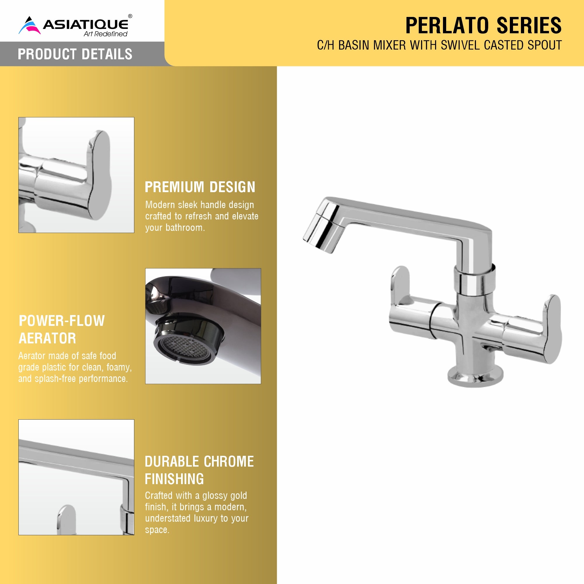 Asiatique C/H Basin Mixer With Swivel Casted Spout  (P-010),Perlato Series Premium Faucets & Mixers