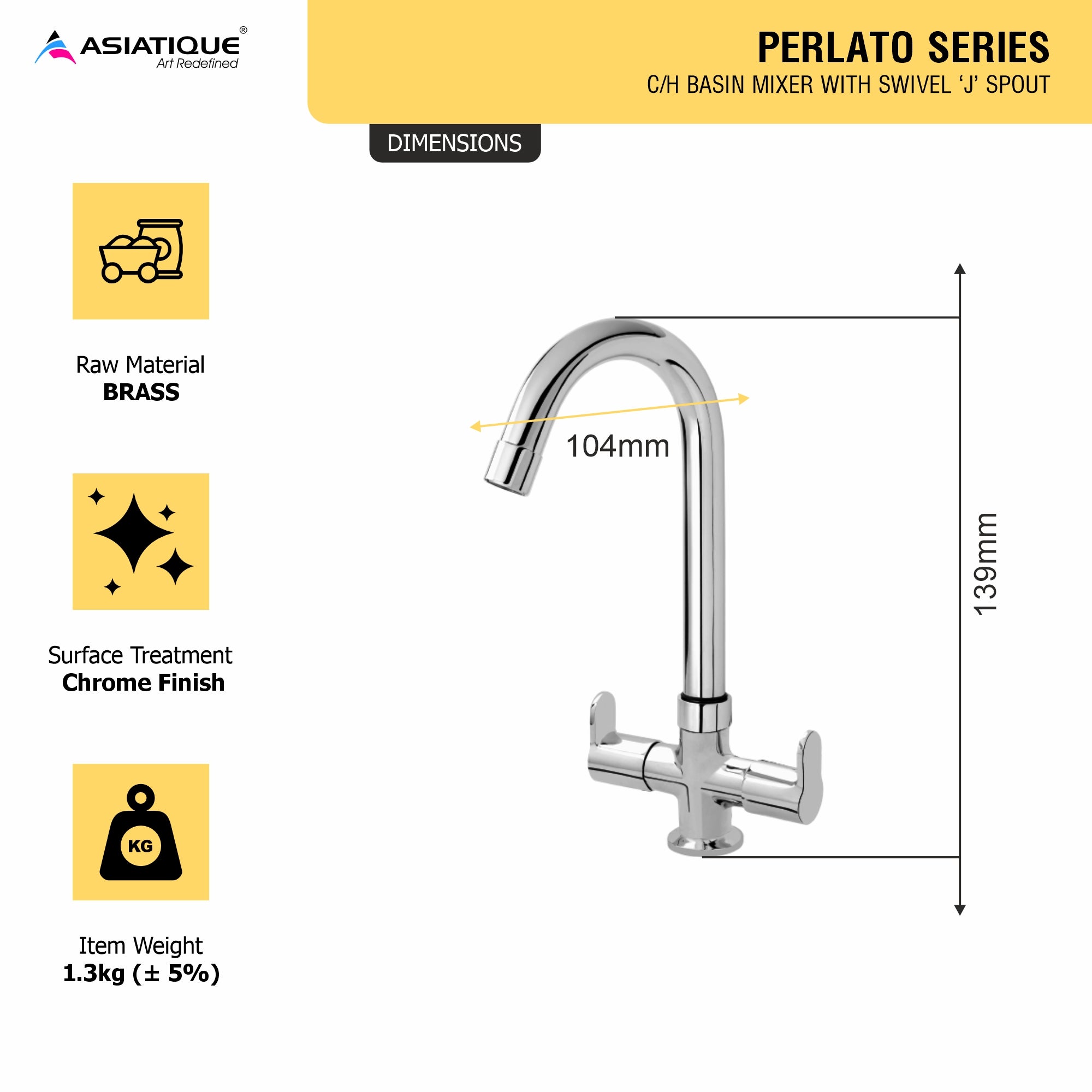 Asiatique C/H Basin Mixer With Extended Swivel 'J' Spout  (P-011),Perlato Series Premium Faucets & Mixers