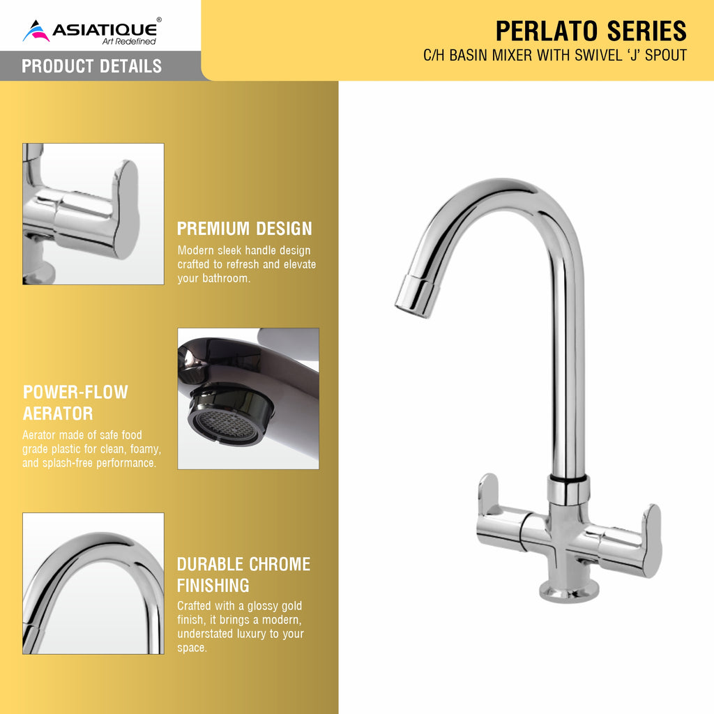 Asiatique C/H Basin Mixer With Extended Swivel 'J' Spout  (P-011),Perlato Series Premium Faucets & Mixers