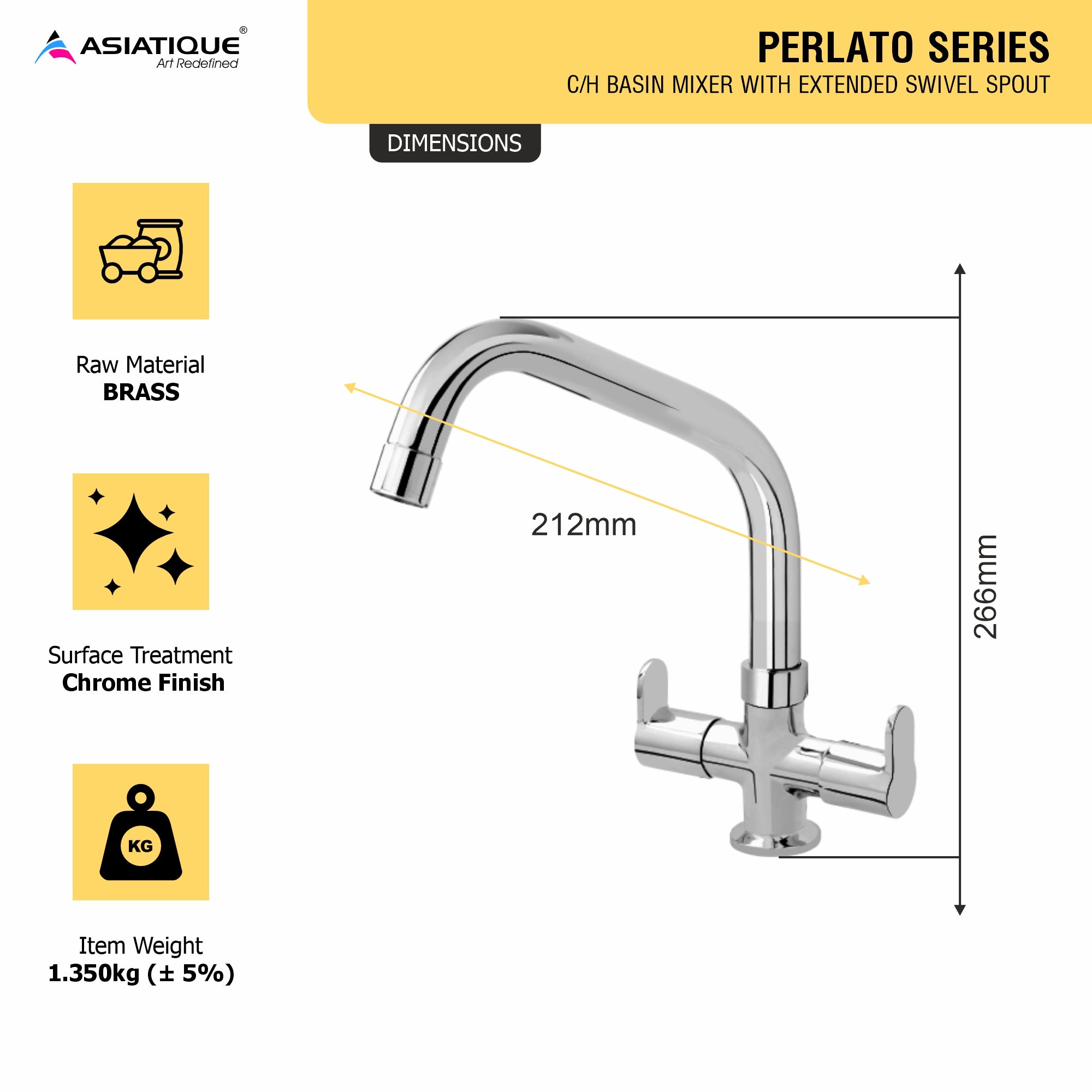 Asiatique C/H Basin Mixer With Extended Swivel Spout  (P-011EX),Perlato Series Premium Faucets & Mixers