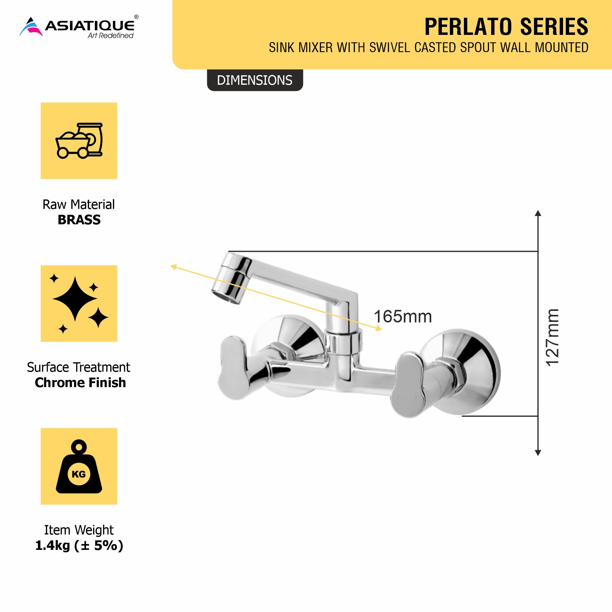 Asiatique Sink Mixer With Swivel Casted Spout  Wall Mounted (P-012),Perlato Series Premium Faucets & Mixers